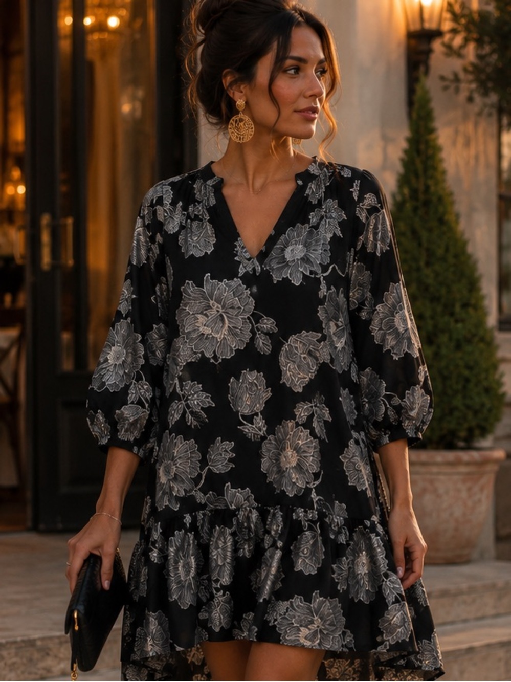 Culture Women’s Black Floral Metallic Print Tunic Top Boho Puff Sleeve Dress